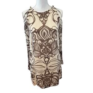 Milly New York Silk Long Sleeve Mini Dress Brown Cream Print 2